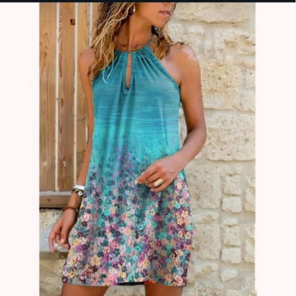 Sleeveless Teal Floral Halter Dress